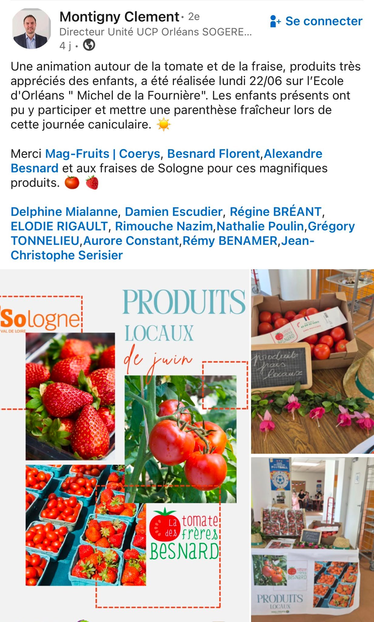 Capture de la publication LinkedIn consacrée à l’animation autour de la tomate et de la fraise à l’école Michel de la Fournière